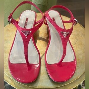 Prada Hot Pink Patent Leather T-Strap Sandals